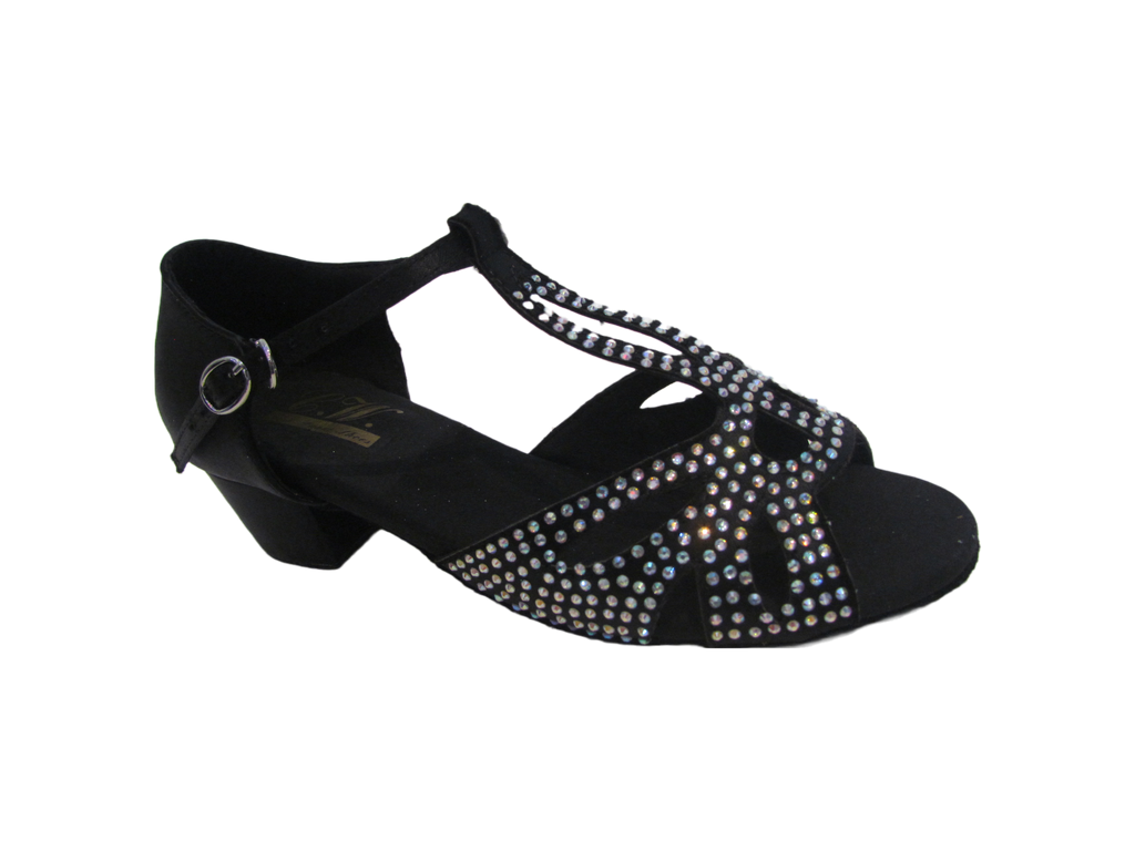 Women's Low Heel Light Black/Silver/Tan Satin Crystals Salsa/Latin Shoes - 203