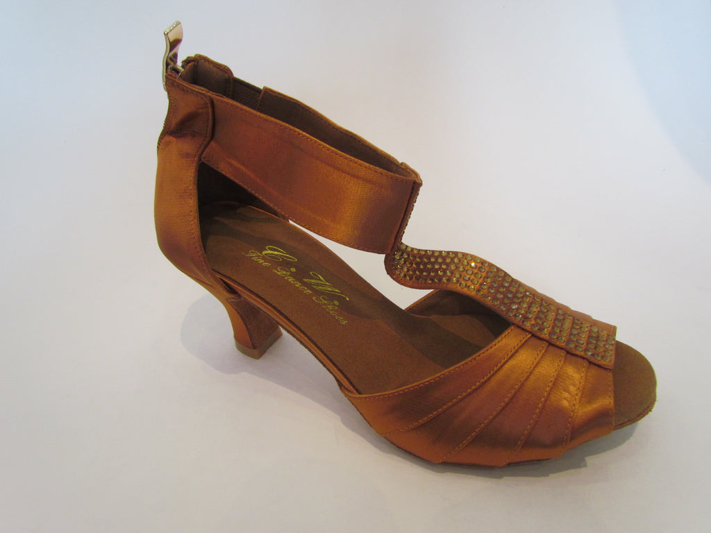 Women's Deep Tan Satin with Yellow Crystals Salsa/Latin Shoes - 827-13