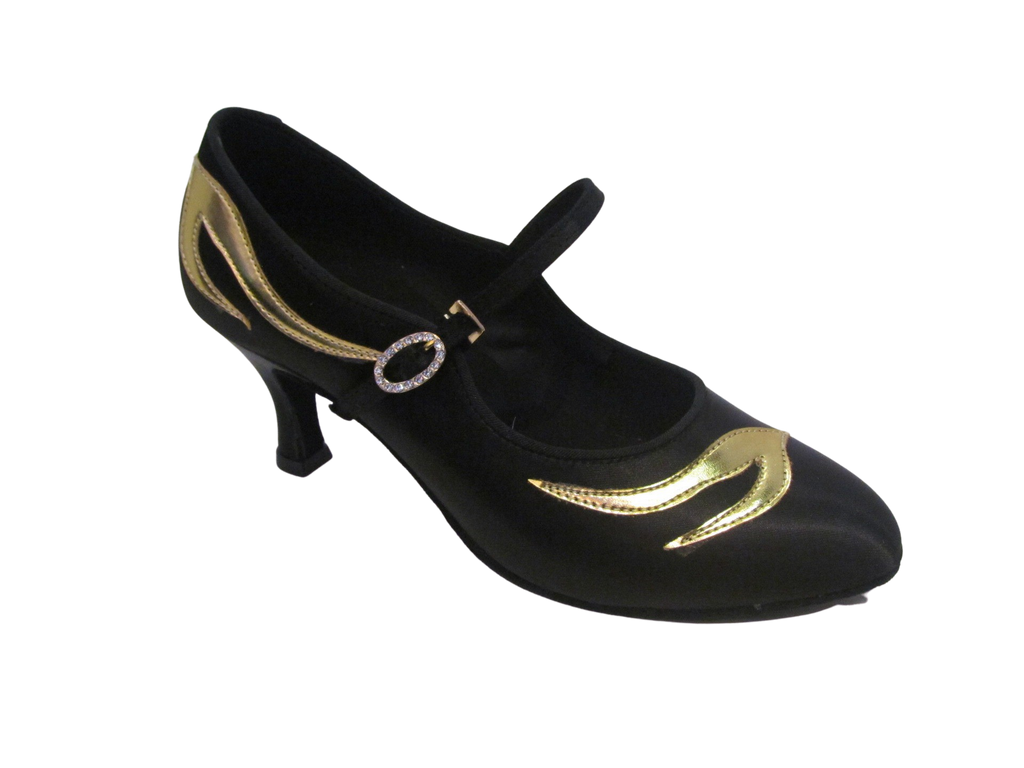 Women's Black and Gold Satin Ballroom Shoes - 1302