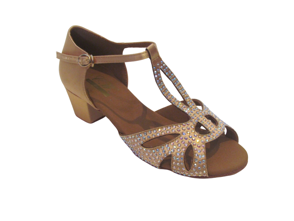 Women's Low Heel Light Tan Satin Crystals Salsa/Latin Shoes - 203