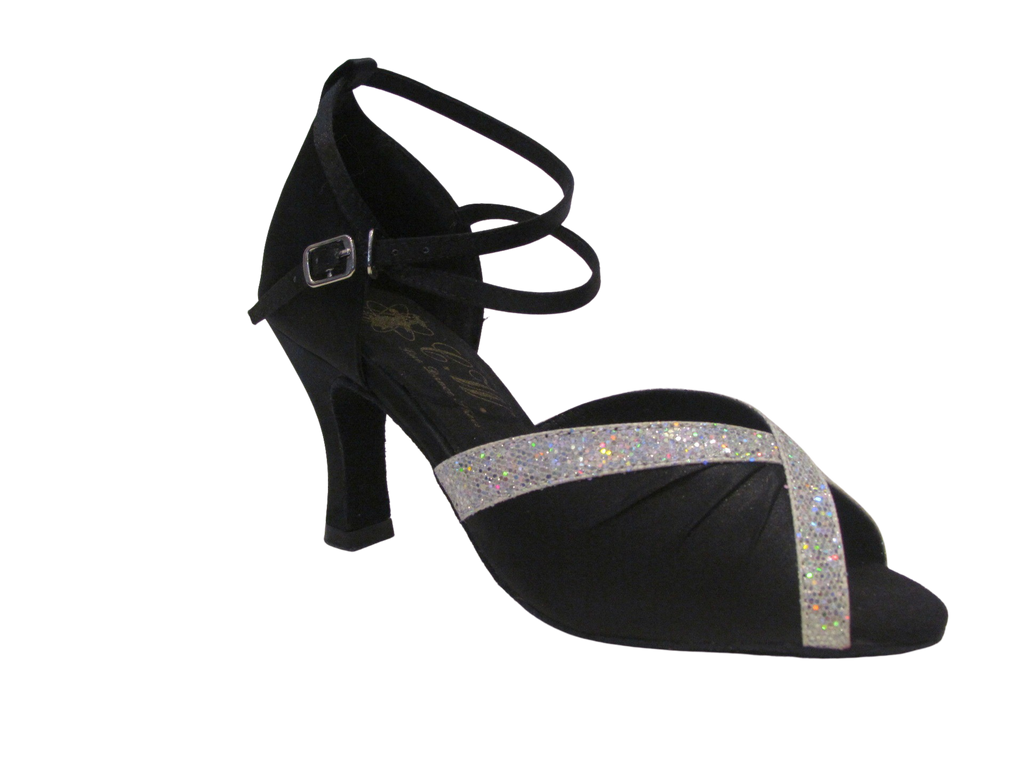 Women's Black Satin & Silver Glitter Salsa/Latin Shoes - 272202