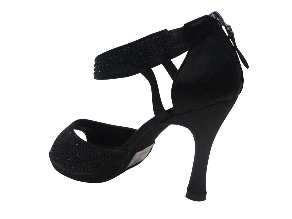 Women's Black Satin/Silver Glitter with Crystals Salsa/Latin Shoes - 719-25