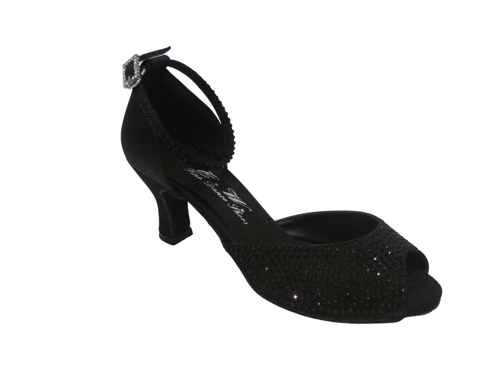 Women's Black Satin with Black Crystal Salsa/Latin Shoes - 725-13